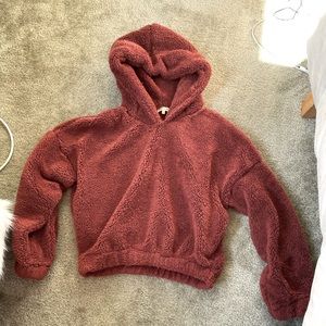 Burgundy teddy crop sweater hoodie